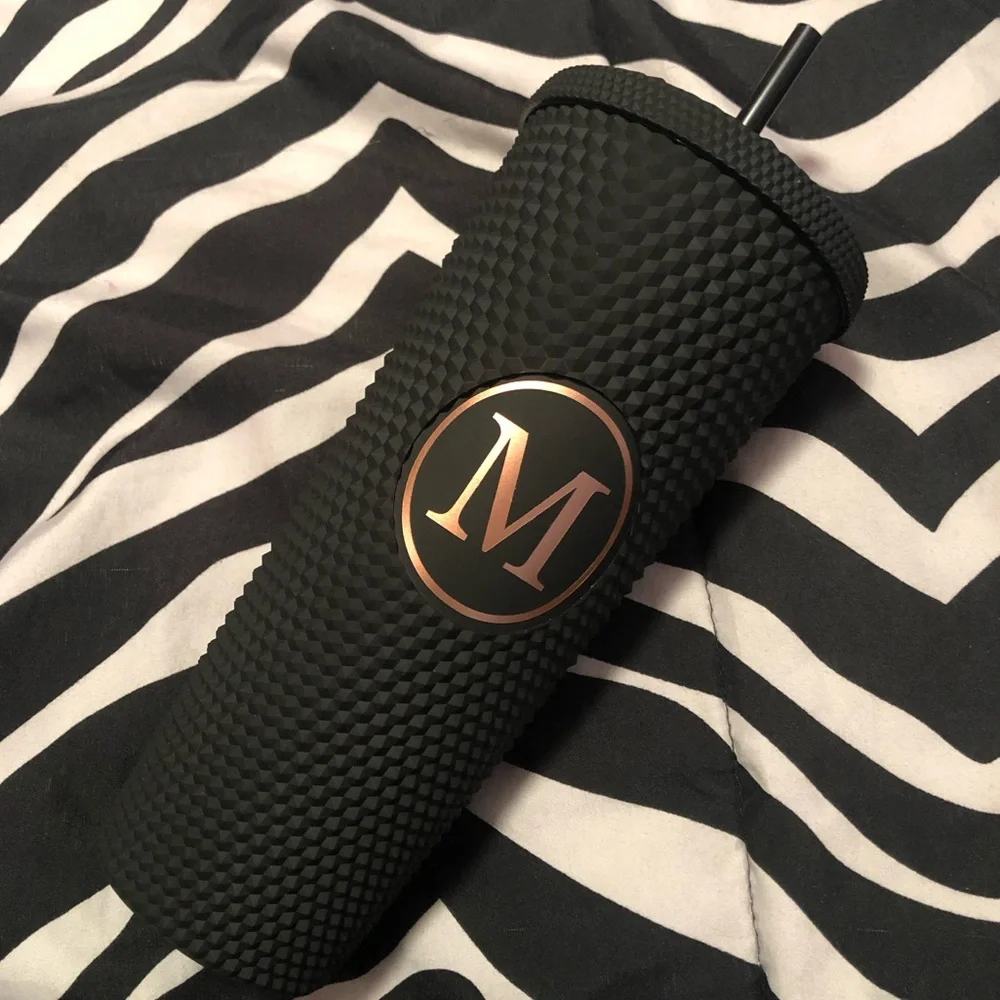 Letter M Black Textured Tumbler with Straw, New